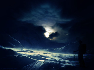 Man snow slope cloudy night - top of a snow free wallpaper