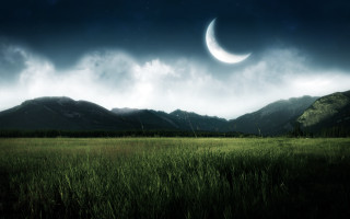 Crescent moon grassy field mountains 8 - a crescent moon in the sky free wallpaper