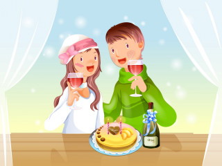 Man woman drinking wine eating - illustration free wallpaper for desktop