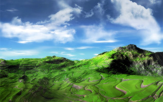 Green mountain range blue sky 2 - matte painting free wallpaper