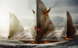 Ship ocean smoke sails painting - a painting of a ship in the ocean free wallpaper