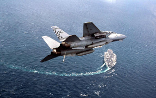 Fighter jet ocean ship smaller - great composition free wallpaper