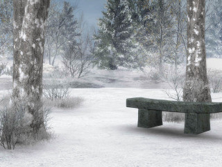 Bench snowy park trees cloudy - a bench in a snowy park free wallpaper