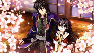 Anime characters bench flowers window - official art free wallpaper for desktop