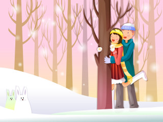 Man woman hugging snow tree 4 - storybook illustration free wallpaper