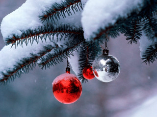 Ornaments hanging pine tree snow - folk art free wallpaper