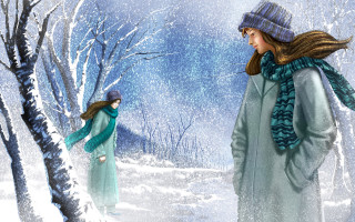 Women walking snow winter painting - a blue scarf free wallpaper