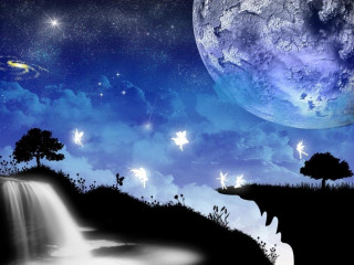 Waterfall stars blue sky night - dreamlike free wallpaper for desktop