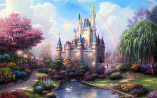 Castle rainbow river swans painting - a painting of a castle free wallpaper