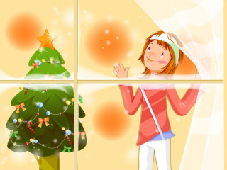 Girl looking out window christmas - storybook illustration free wallpaper