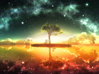 Tree lake stars clouds ladder - a ladder free wallpaper