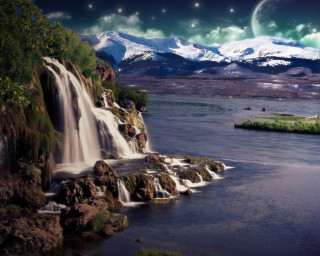 Waterfall mountain moon sky fullmoon - matte fantasy painting free wallpaper for desktop