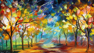 Colorful forest trees road painting - impressionist painting free wallpaper