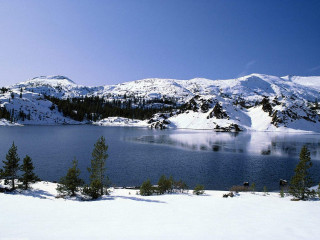Lake snow mountains trees blue 3 - clear free wallpaper