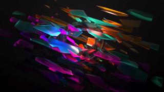 Colorful objects floating black background - geometric abstract art free wallpaper for desktop