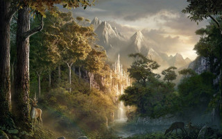 Forest waterfall castle deer painting - christophe vacher free wallpaper
