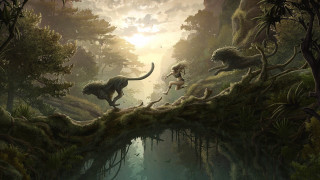 Animals running bridge forest river - fantasy artwork free wallpaper