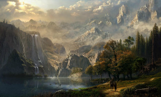 Mountain lake waterfall horseback man - a painting of a mountain scene free wallpaper