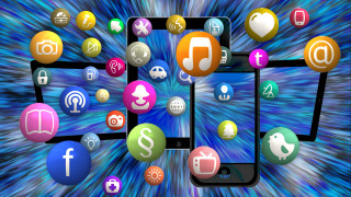Cell phones icons blue background - a blue swirl free wallpaper for desktop