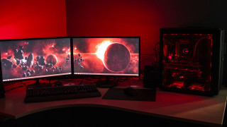 Computer desk two monitors keyboard - warm free wallpaper