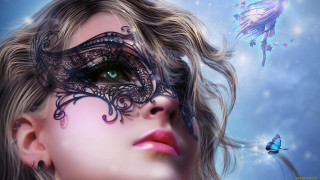 Woman butterfly face flying over - fantasy style free wallpaper