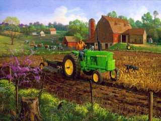 Farmer tractor field dog barn - oil painting free wallpaper for desktop