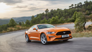 Orange mustang driving mountains trees - the mountain free wallpaper