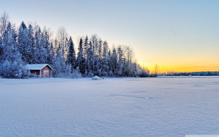 Snowy field cabin trees sunset - a snowy field free wallpaper