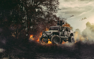Jeep driving forest fire smoke - fire and smoke free wallpaper