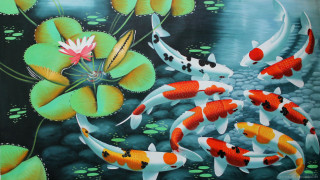 Koi fish pond lily pads - oil painting free wallpaper for desktop