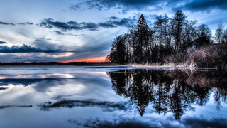 Lake sunset reflection trees clouds 3 - reflective free wallpaper