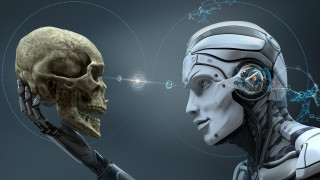 Robot skull lightbulb head holding - les automatiste free wallpaper