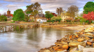 River bridge house cloudy sky - bascove free wallpaper for desktop