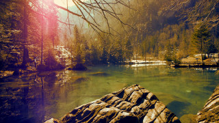 River trees rocks snow mountainside - a small cabin free wallpaper