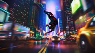 Man jumping night city neon - official art free wallpaper for desktop