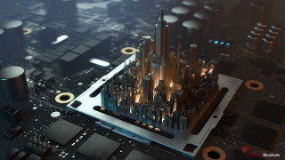 Motherboard city model surrounding parts - 8 k free wallpaper