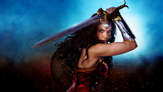 Woman costume sword blue background - feminist free wallpaper for desktop