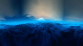 Blue sky mountain ocean moon - volumetric light free wallpaper