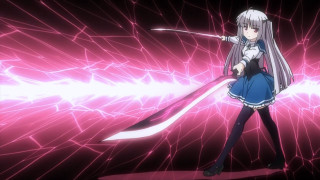 Girl sword pink background lightning - anime visual free wallpaper