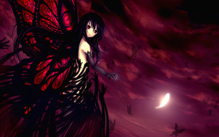 Woman red butterfly wings dark - a half moon in the background free wallpaper