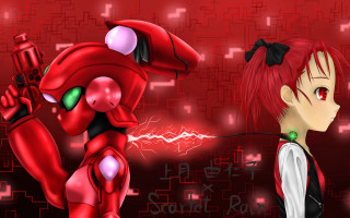 Red robot girl background squares - pop surrealism free wallpaper