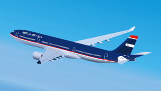 Blue white airplane flying red - ultra realistic illustration free wallpaper