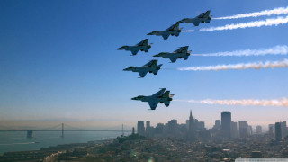 Jets formation city bridge background - a bridge in the foreground free wallpaper for desktop