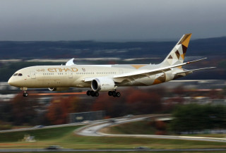 Jetliner cloudy sky cityscape trees - motion blur free wallpaper