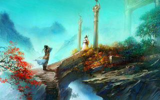 Woman bridge waterfall man standing - fantasy artwork free wallpaper