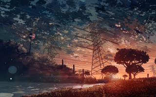 Sunset power lines trees water - a painting of a sunset free wallpaper