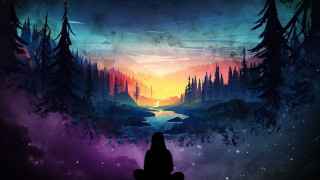 Person bench painting sunset river - alena aenami free wallpaper for desktop