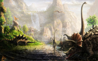 Dinosaurs mountain landscape stream birds - a mountain landscape free wallpaper