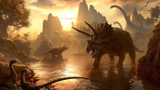 Dinosaurs river sunset mountains group - 8 k concept art free wallpaper