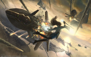 Woman flying gun spaceship smoke - league of legends concept art free wallpaper for desktop